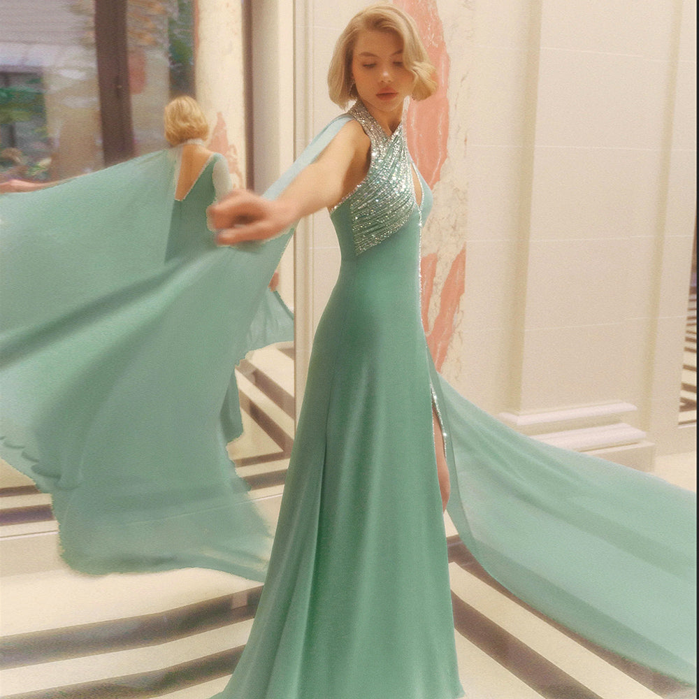 Luxury Beaded Turquoise Chiffon Evening Dress with Cape Sleeves SS474