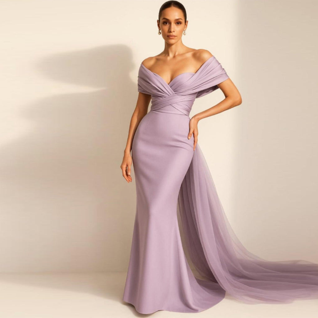 Luxury Lilac Off Shoulder Draped Evening Dress with Overskirt SF096