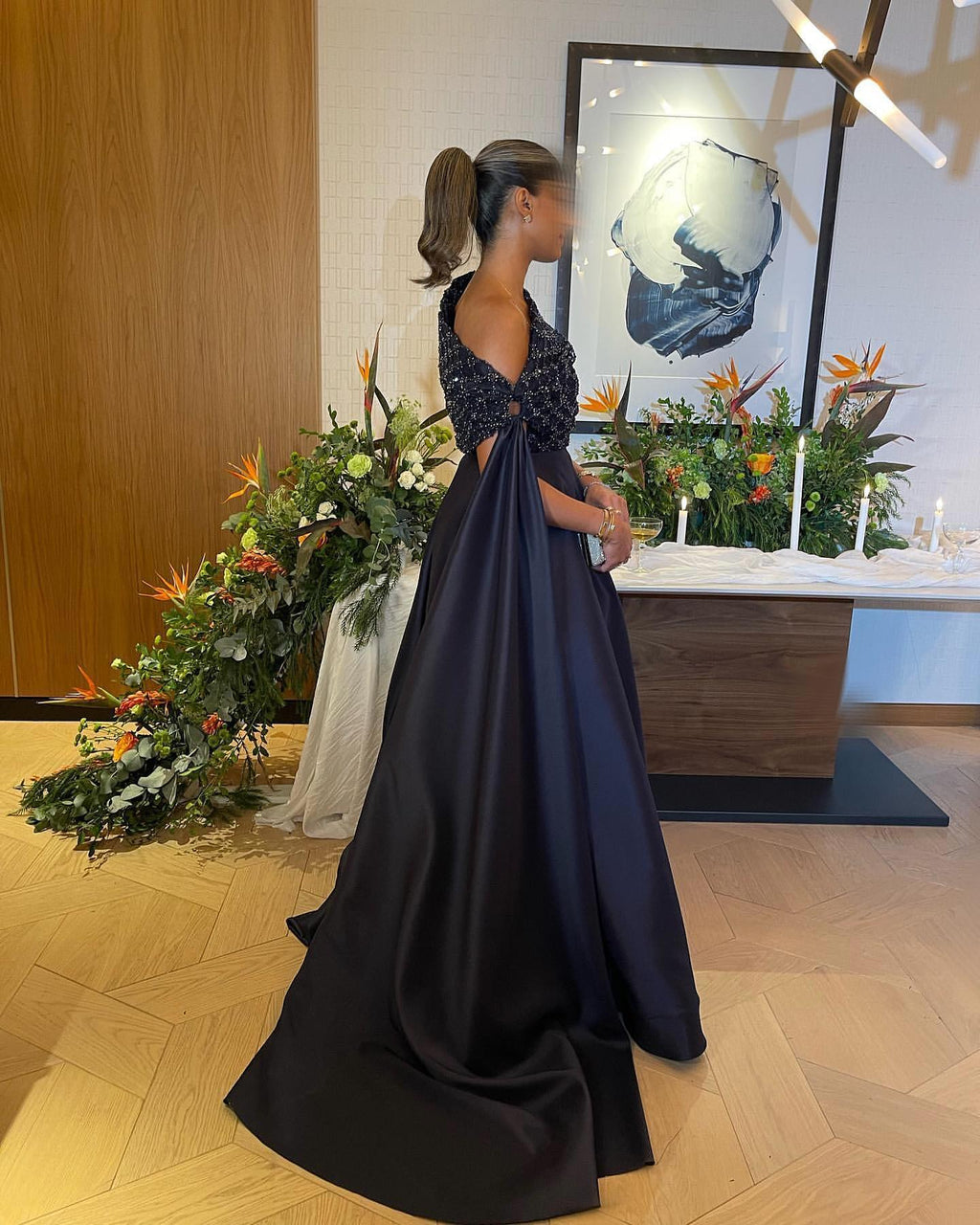 Elegant Navy Blue Off Shoulder Evening Dress with Cape SS206