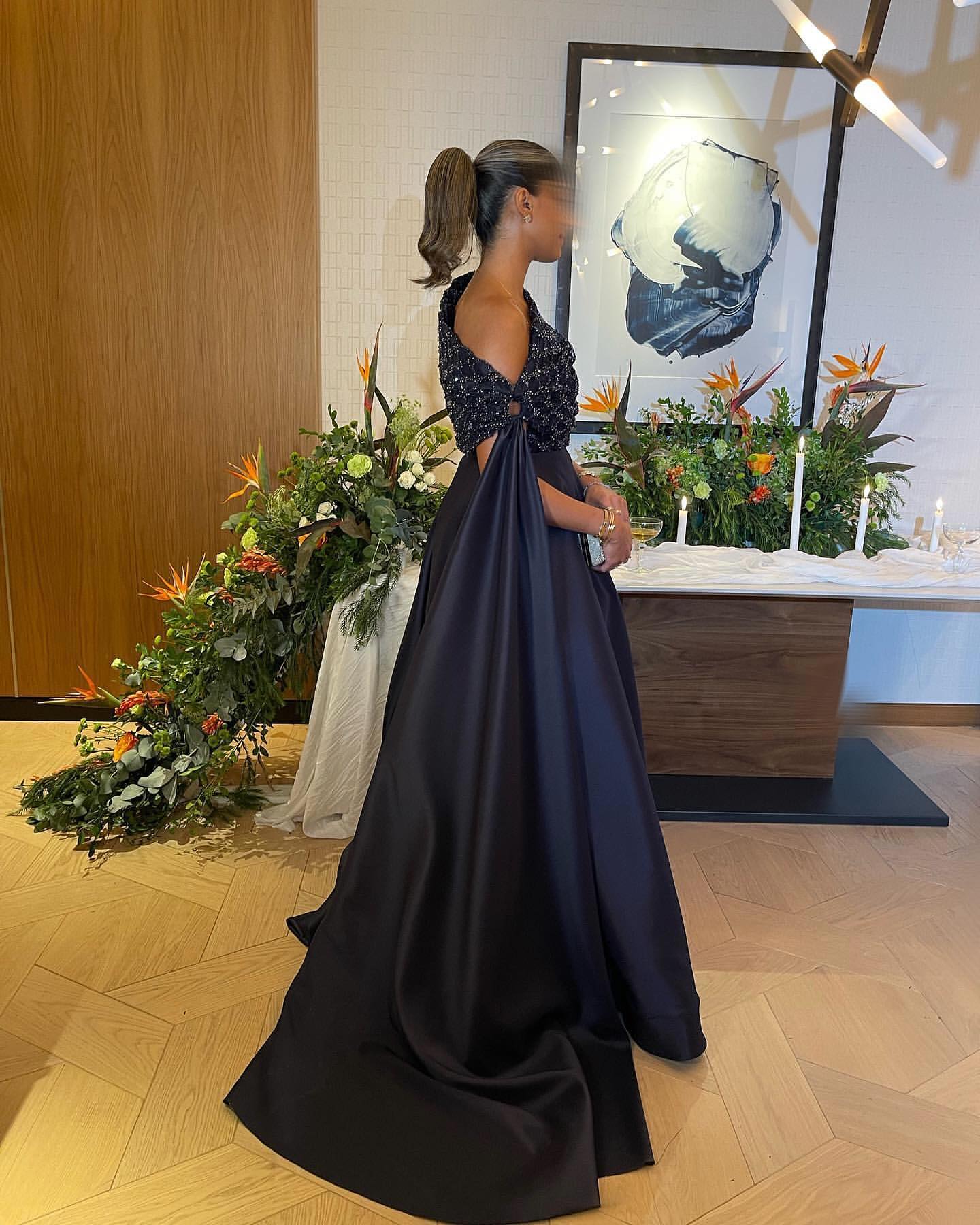 Elegant Navy Blue Off Shoulder Evening Dress with Cape SS206
