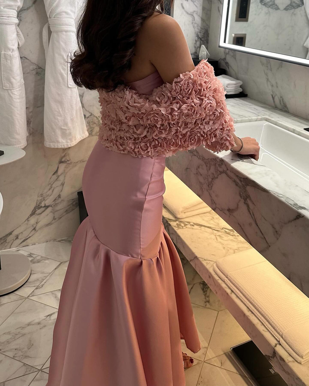 Luxury Pink Evening Dress with 3D Floral Capelet SF203