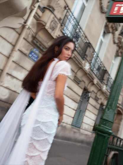 Gradient White Mermaid Square Sheer Evening  Dress Long Side Tulle Overlay SS523