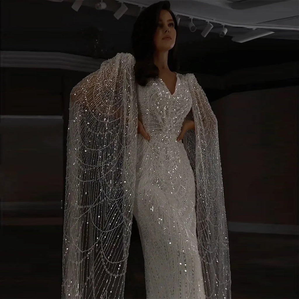 Luxury White Feather Evening Dress with Cape Sleeves SS683