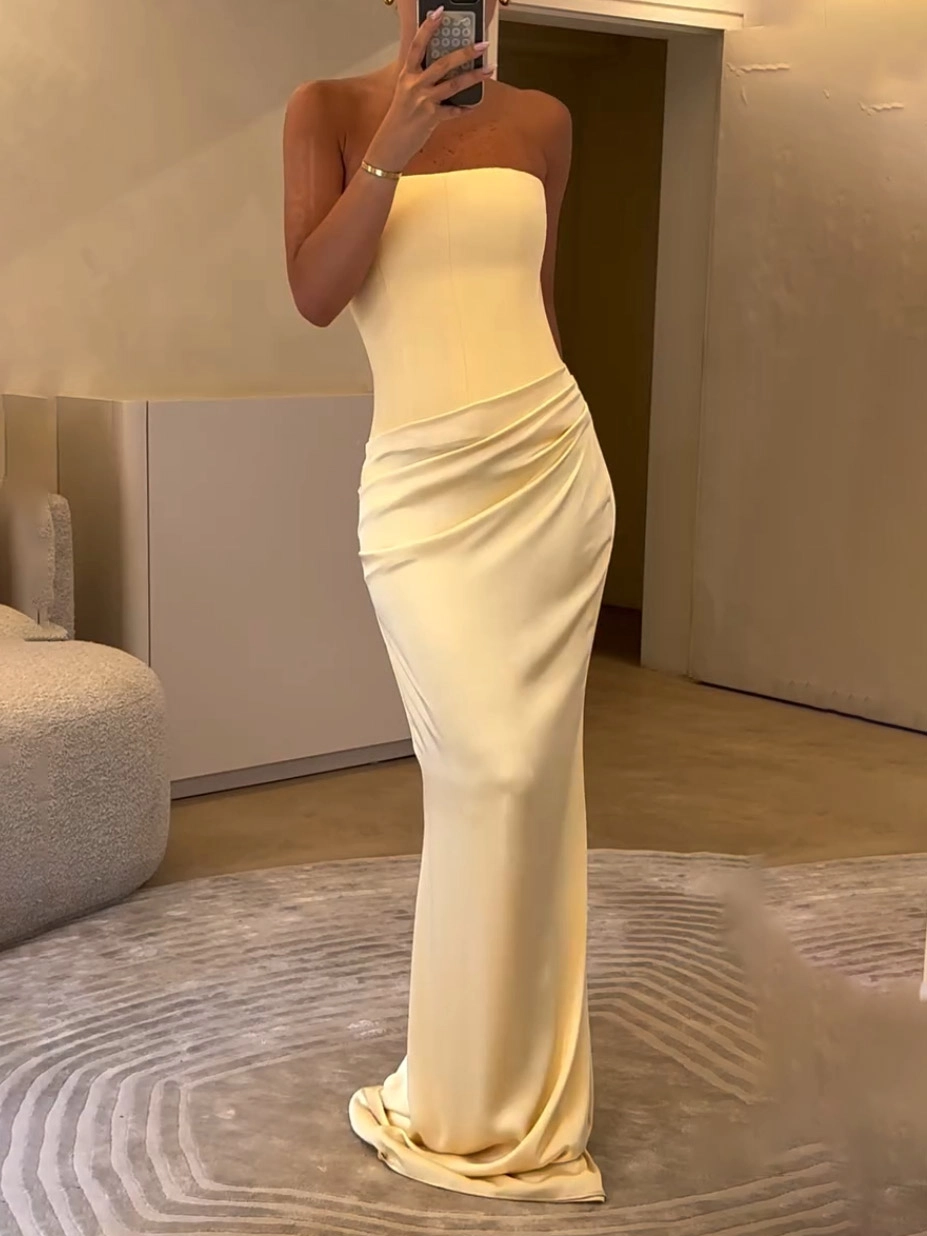 Elegant Yellow Strapless Satin Evening Dress SF114