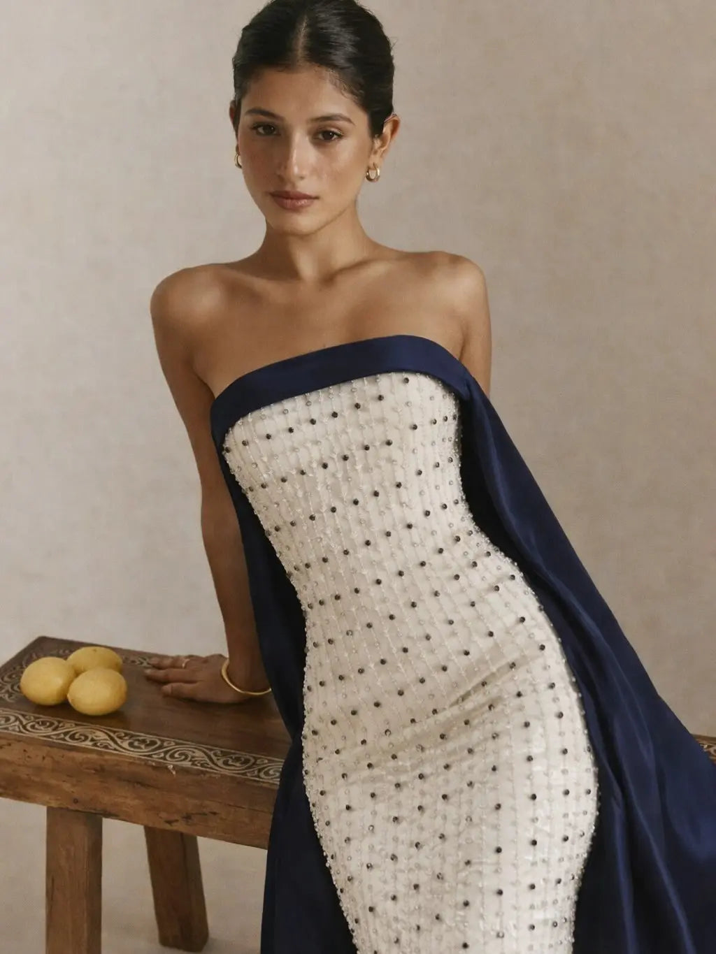 Luxury Navy Blue White Strapless Evening Dress SS422