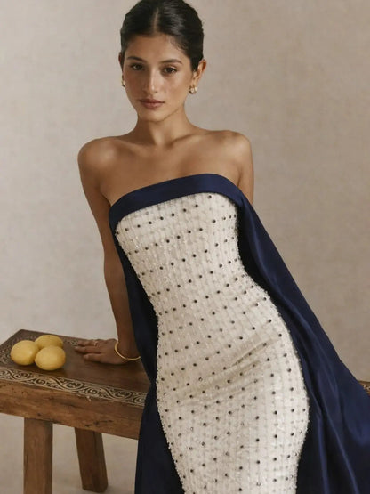 Luxury Navy Blue White Strapless Evening Dress SS422