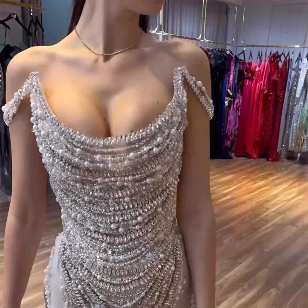 Luxury Crystal Silver Gray Mermaid Evening Dresses SS403