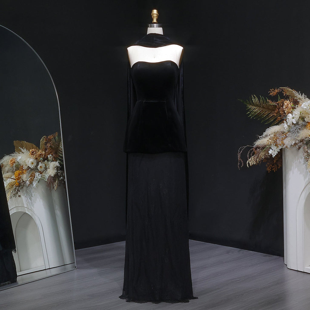 Elegant Black Strapless Velvet Evening Dress with Scarf SF527