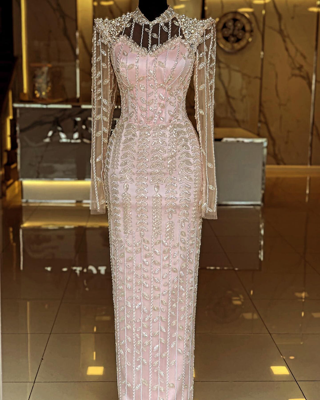 Luxury Cream Long Sleeves Evening Dress SS696