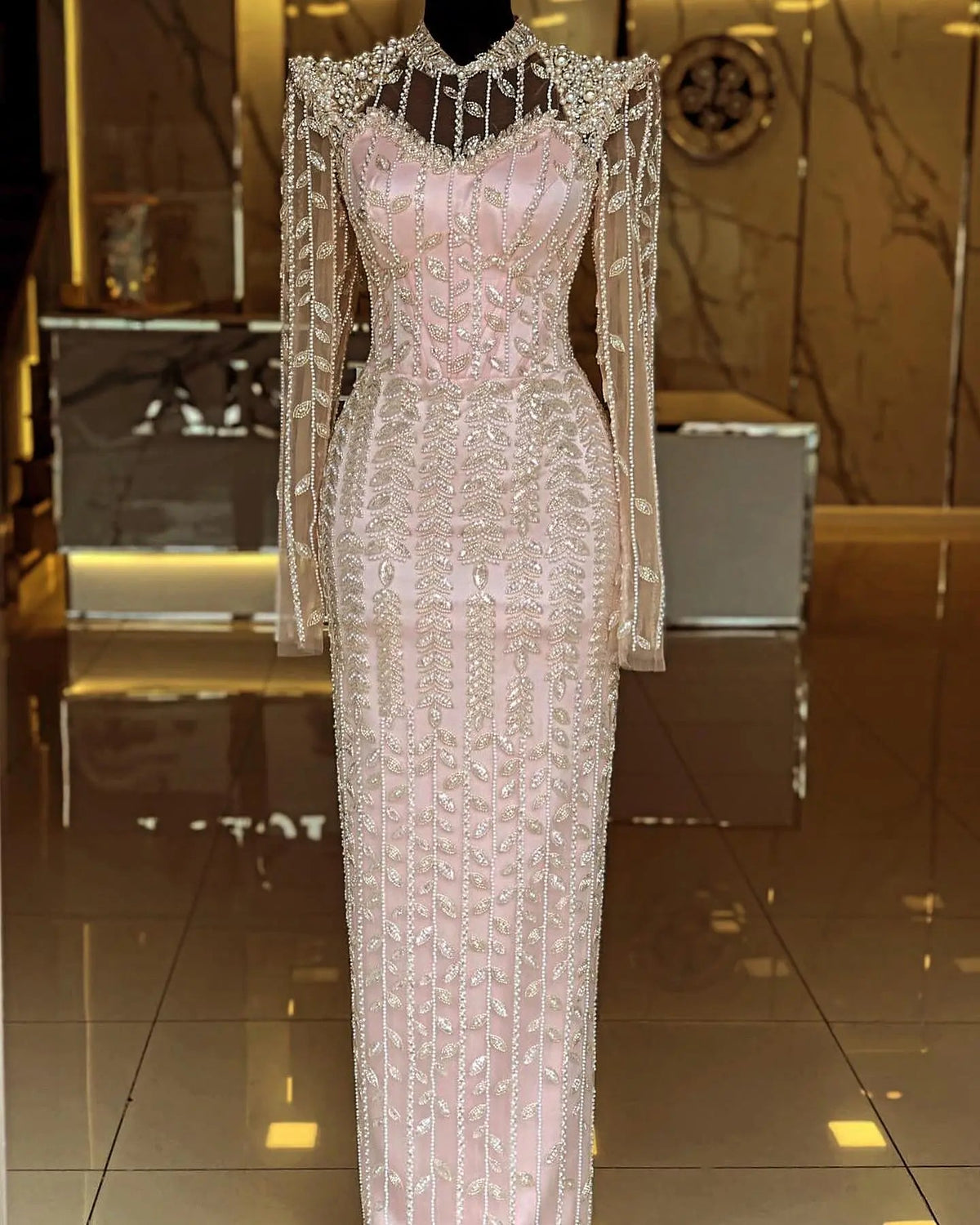 Luxury Cream Long Sleeves Evening Dress SS696
