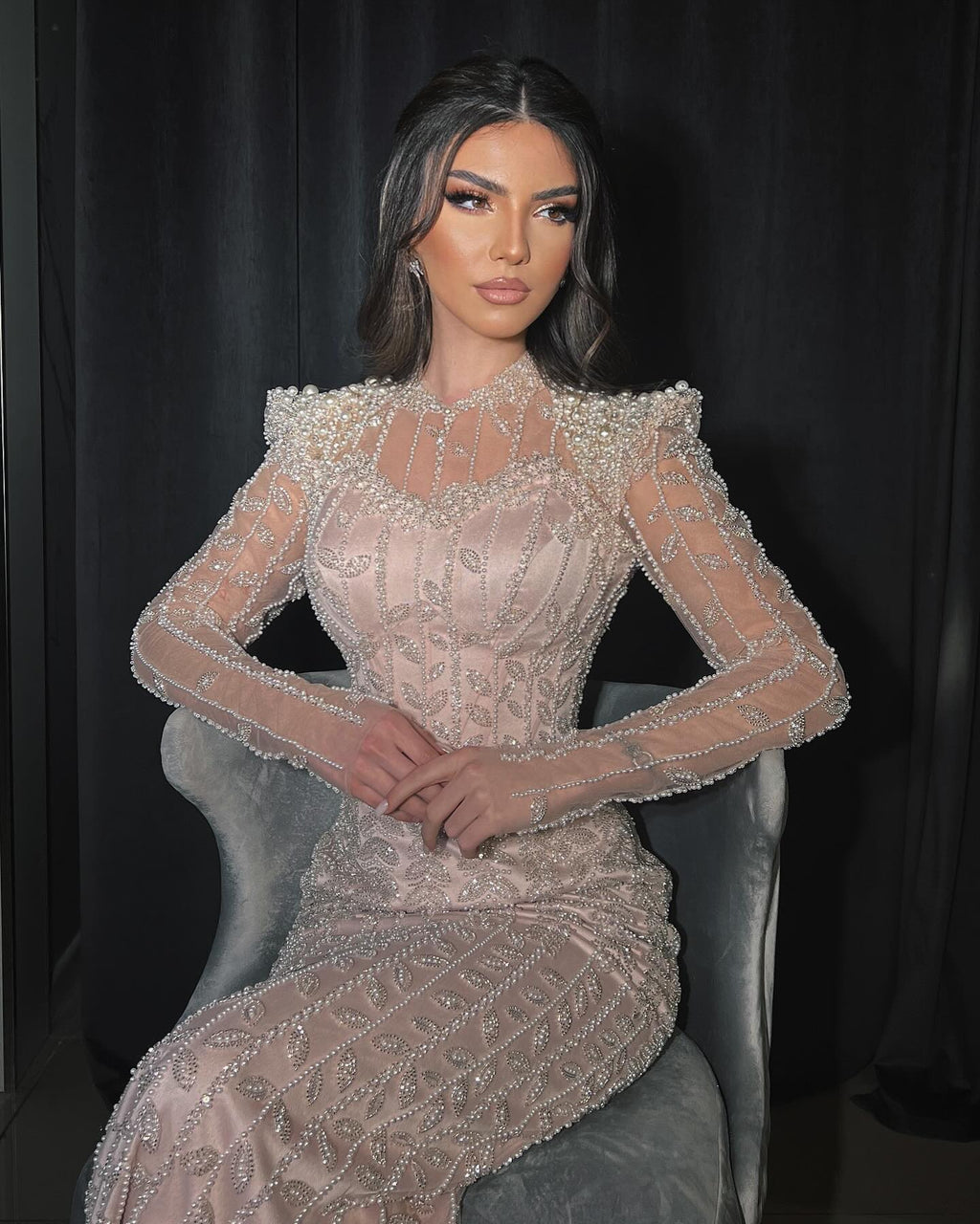 Luxury Cream Long Sleeves Evening Dress SS696