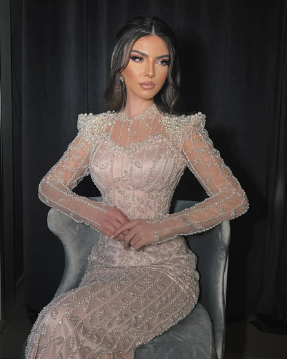 Luxury Cream Long Sleeves Evening Dress SS696