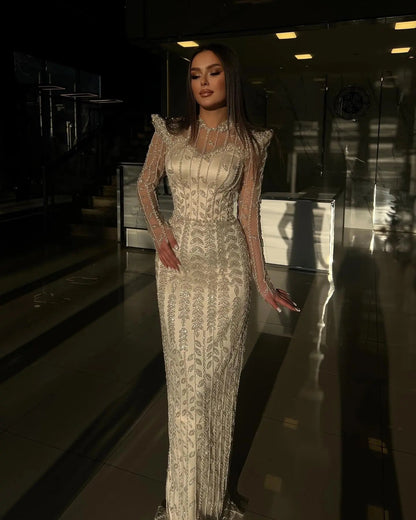 Luxury Cream Long Sleeves Evening Dress SS696