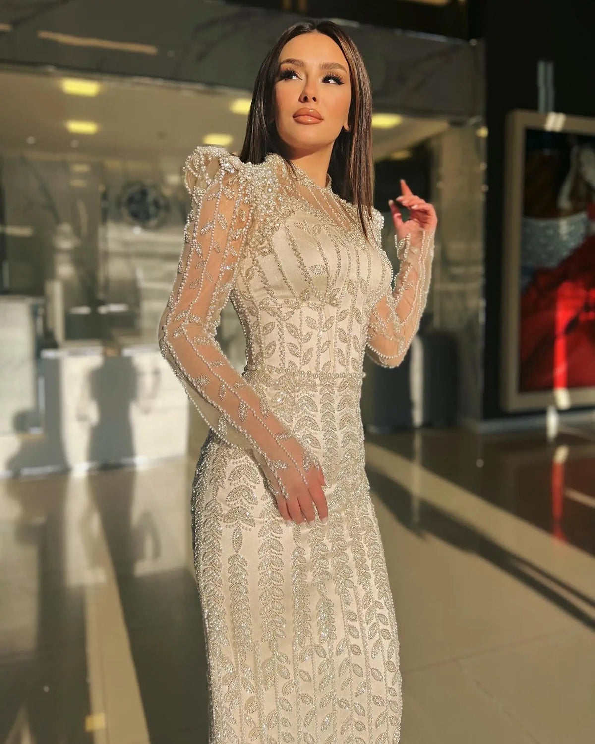 Luxury Cream Long Sleeves Evening Dress SS696