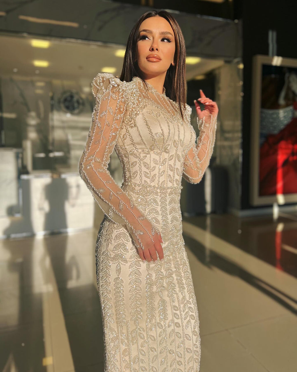 Luxury Cream Long Sleeves Evening Dress SS696