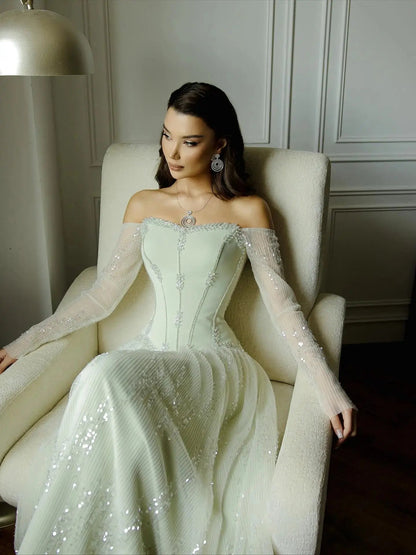 Luxury Beige Crystal Beaded Mesh Long Sleeve Evening Dress SS628