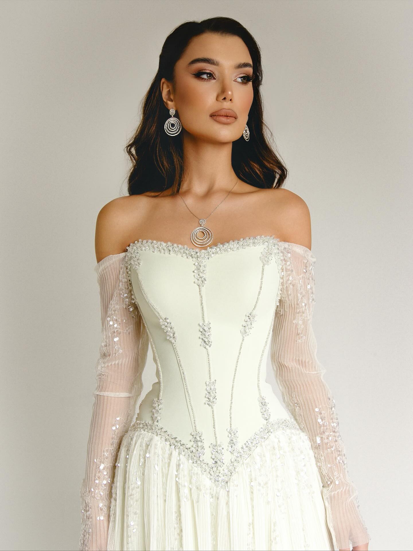 Elegant Beige Crystal Beaded Mesh Sleeve Evening Dress SS628