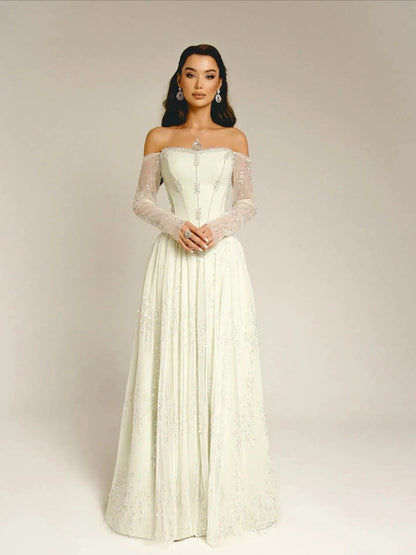 Luxury Beige Crystal Beaded Mesh Long Sleeve Evening Dress SS628