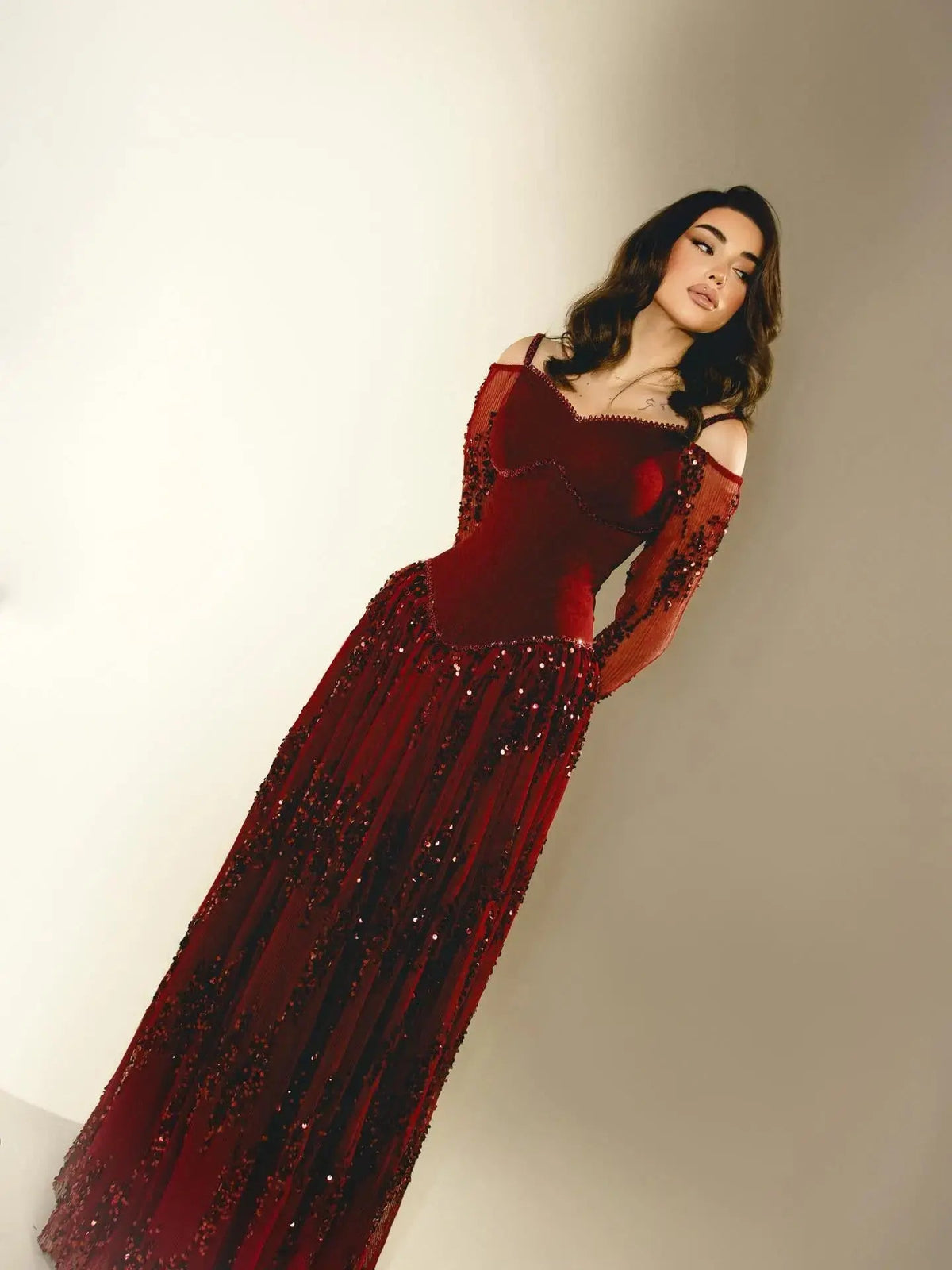 Luxury Beige Crystal Beaded Mesh Long Sleeve Evening Dress SS628