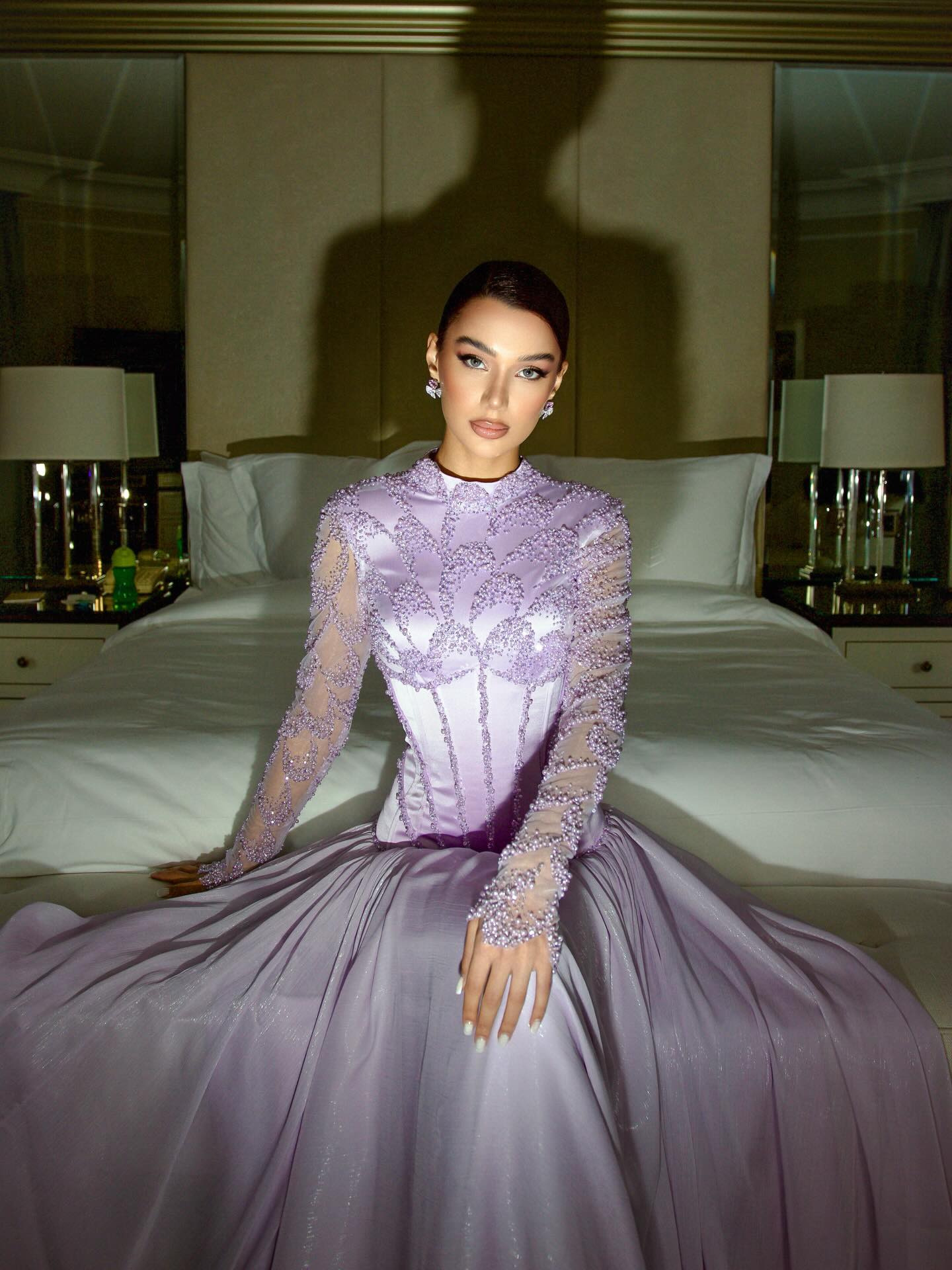 Luxury Lilac High Neck Beaded Long Sleeve Corset Evening Dress SS786