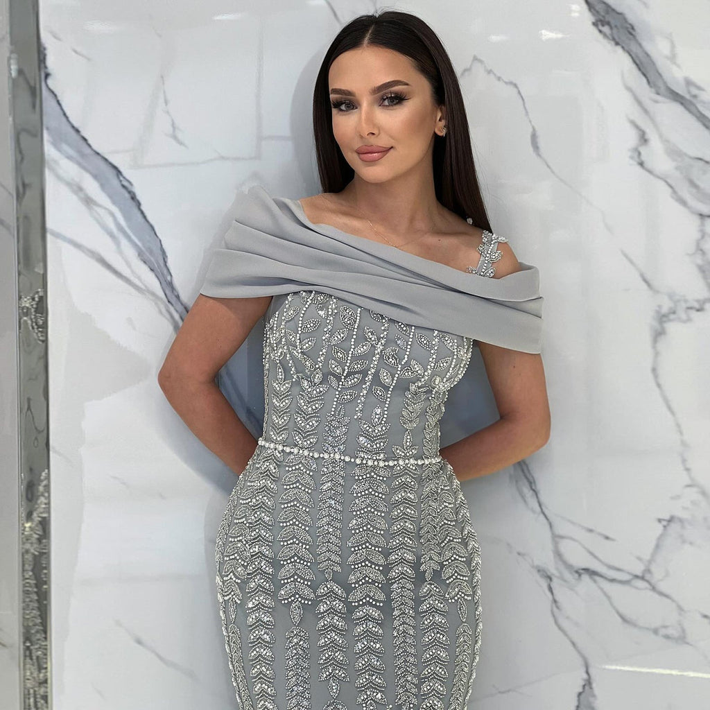Elegant Off Shoulder Silver Evening Dress with Slit SS713