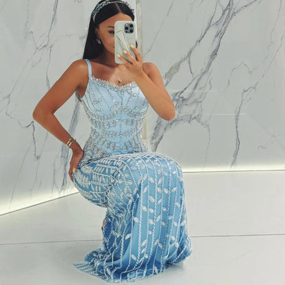 Luxury Beaded Blue Mermaid Evening Dress SS694