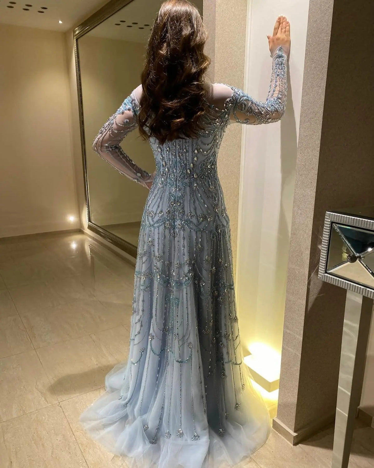 Luxury Blue Long Sleeves High Neck Evening Dress SS587