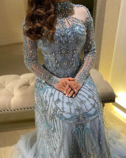 Luxury Blue Long Sleeves High Neck Evening Dress SS587