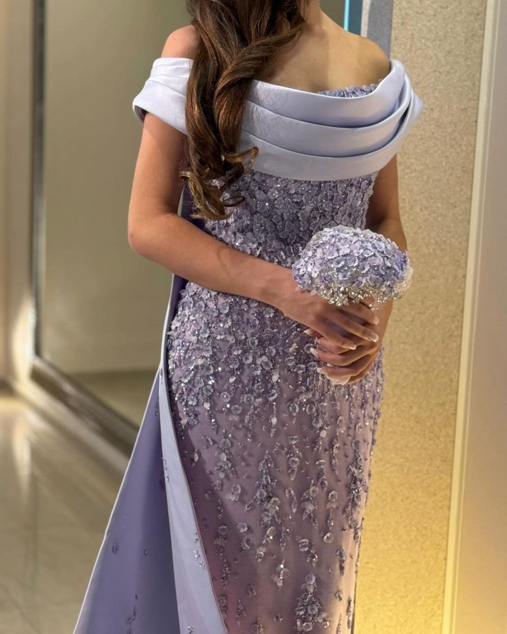 Elegant Crystal Lilac Mermaid Evening Dress with Overskirt SS555