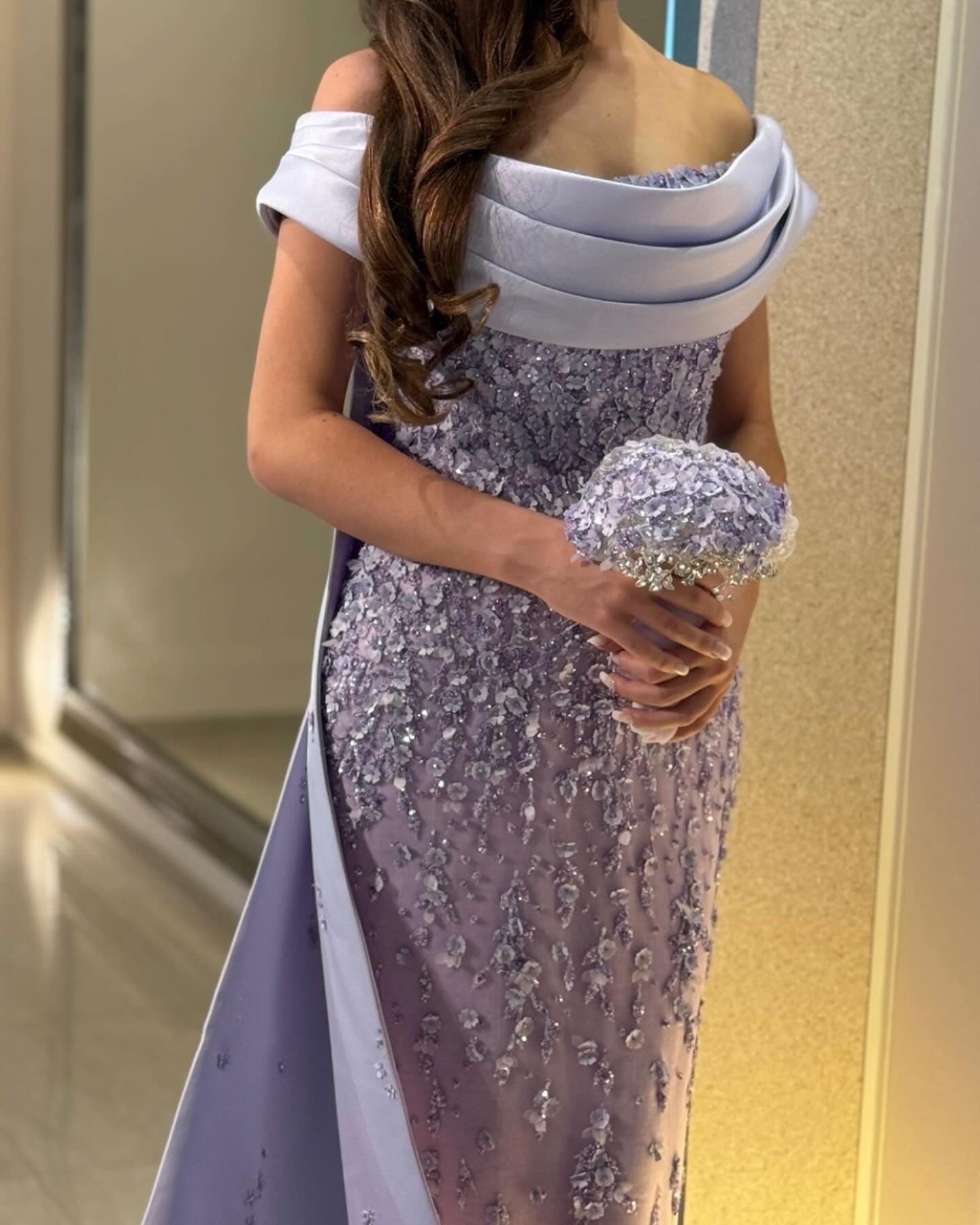 Elegant Crystal Lilac Mermaid Evening Dress with Overskirt SS555