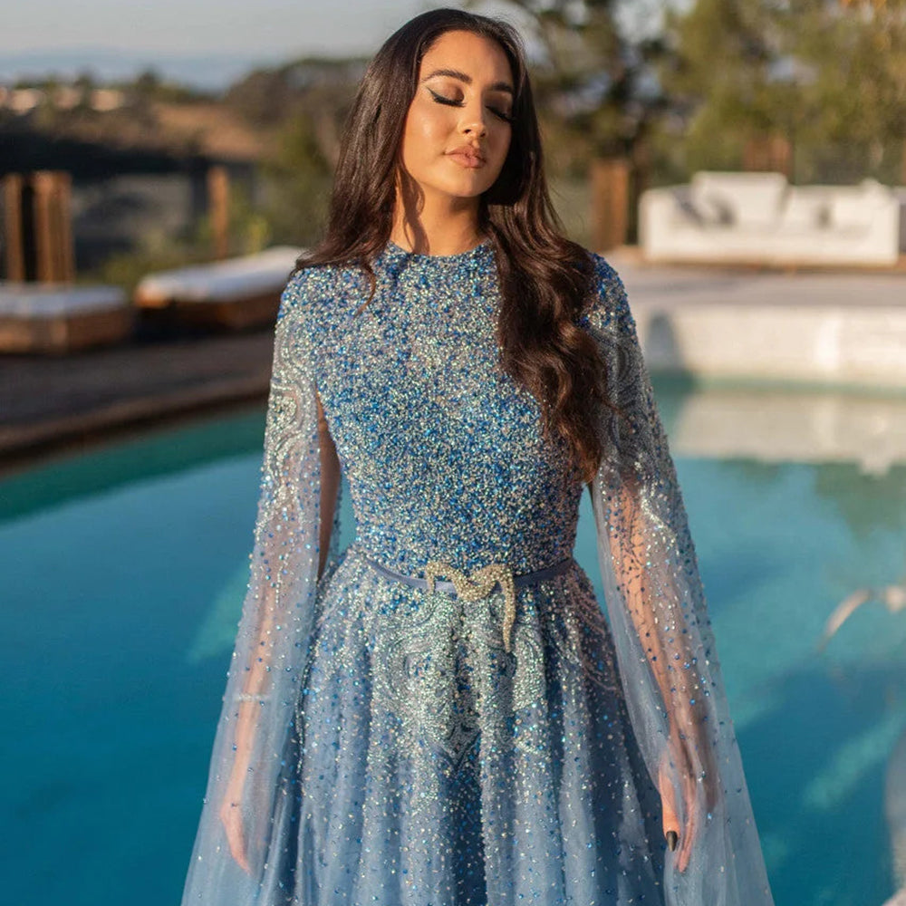 Luxury Blue A-Line Evening Dress with Cape Sleeves SS451