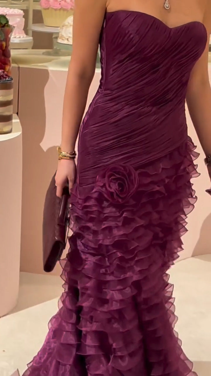 Elegant 3D Floral Purple Pleats Mermaid Evening Dress SF194