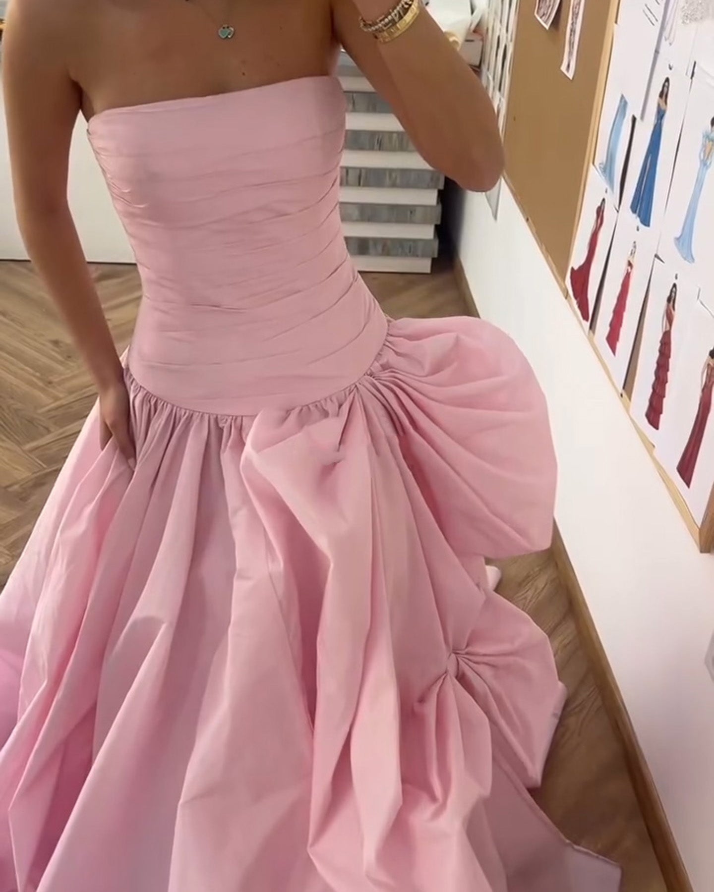 Luxury Pink Strapless A-line Evening Dress with Pleats SF196