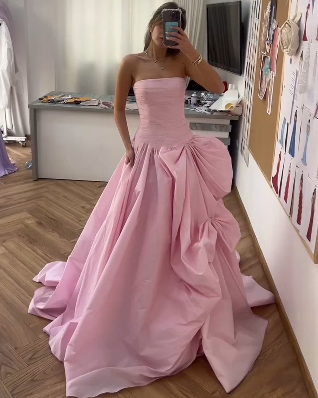 Luxury Pink Strapless A-line Evening Dress with Pleats SF196