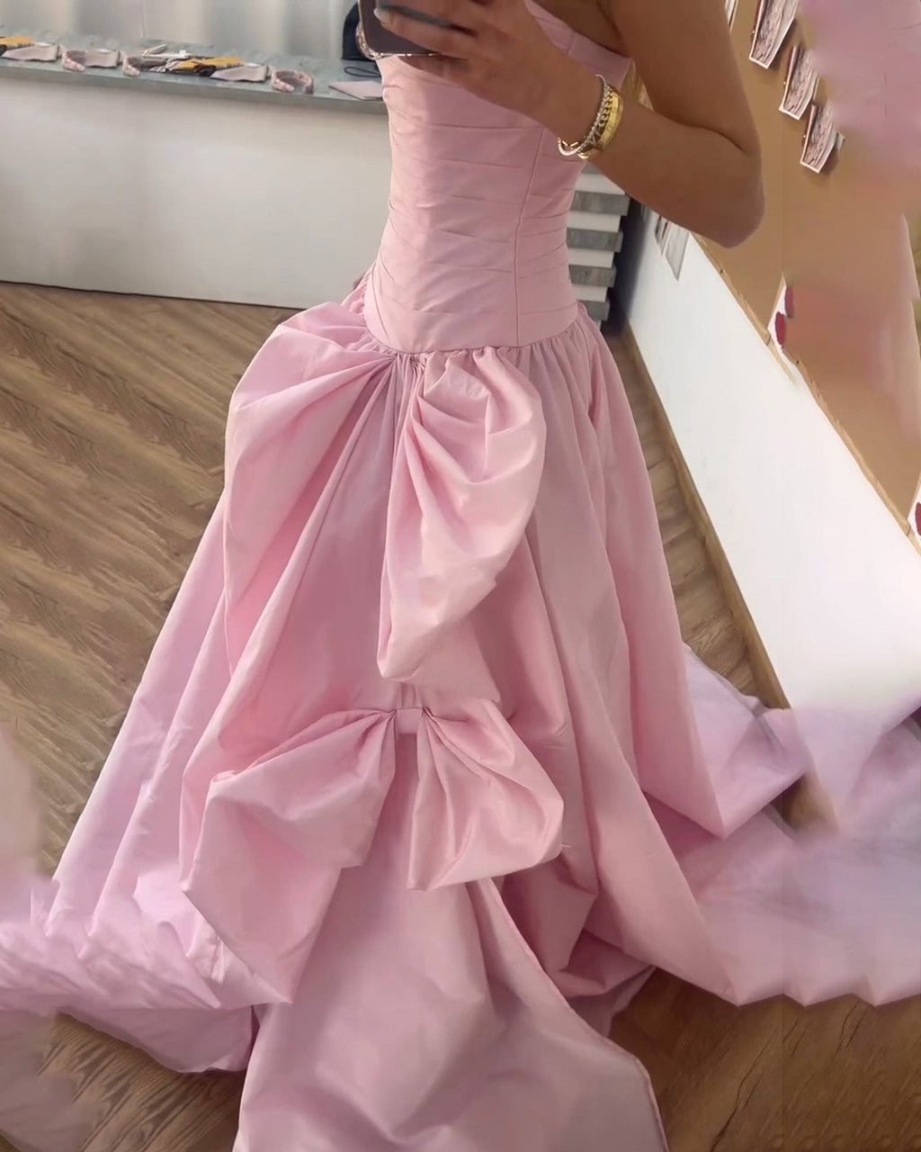 Luxury Pink Strapless A-line Evening Dress with Pleats SF196