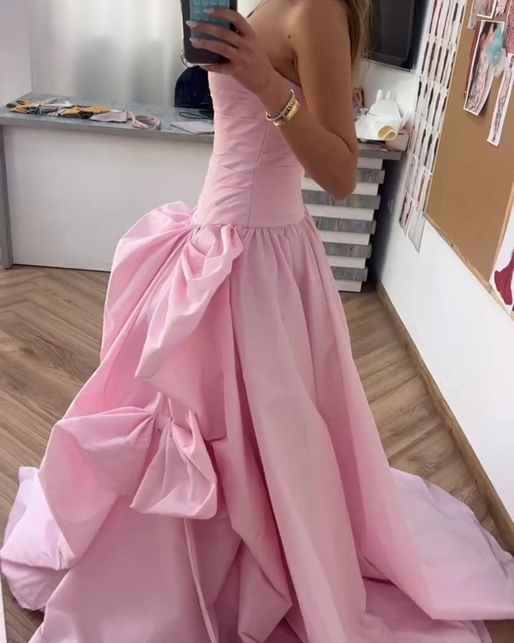 Luxury Pink Strapless A-line Evening Dress with Pleats SF196
