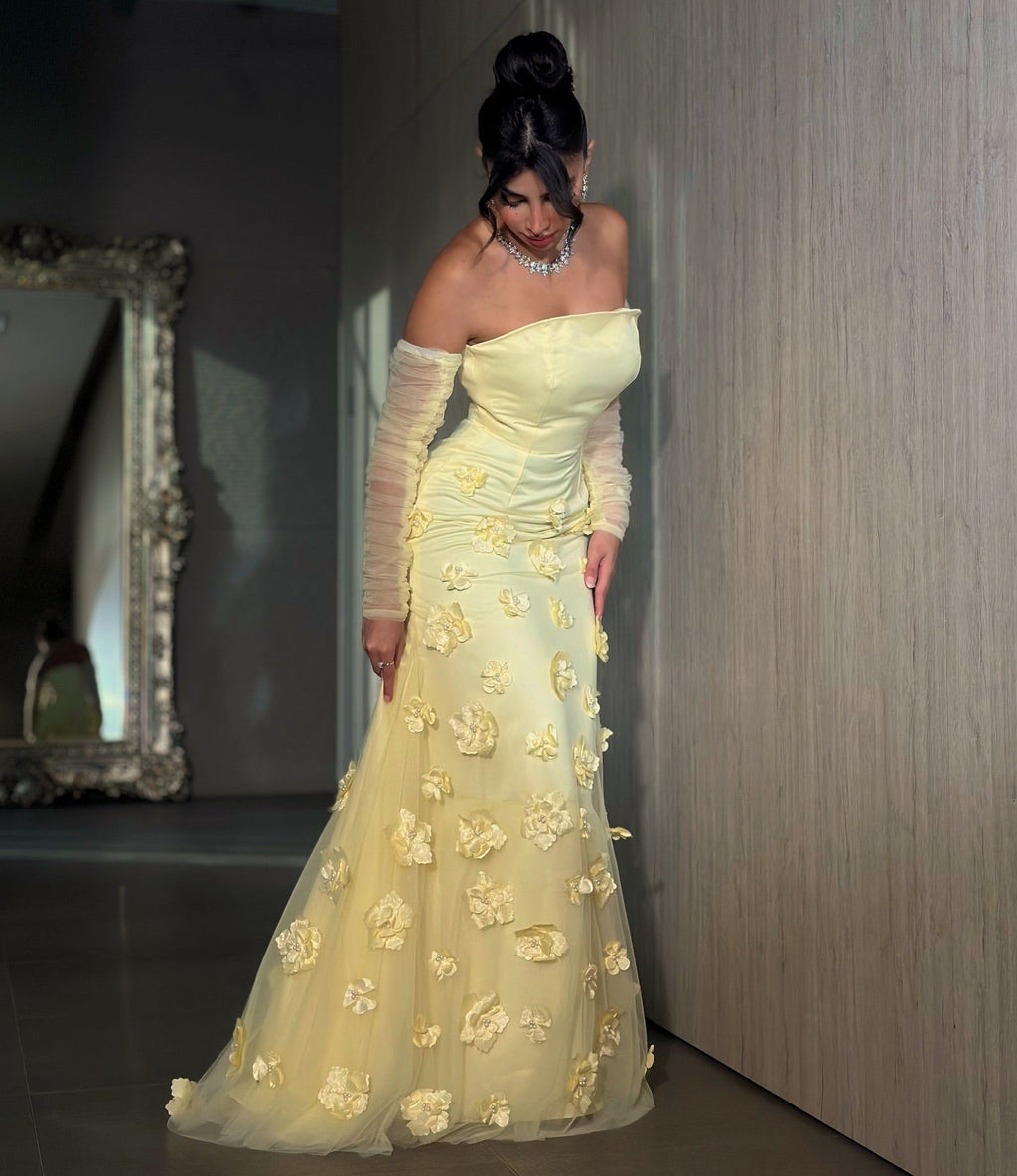 Luxury 3D Floral Yellow Long Sleeves Evening Dress SF126