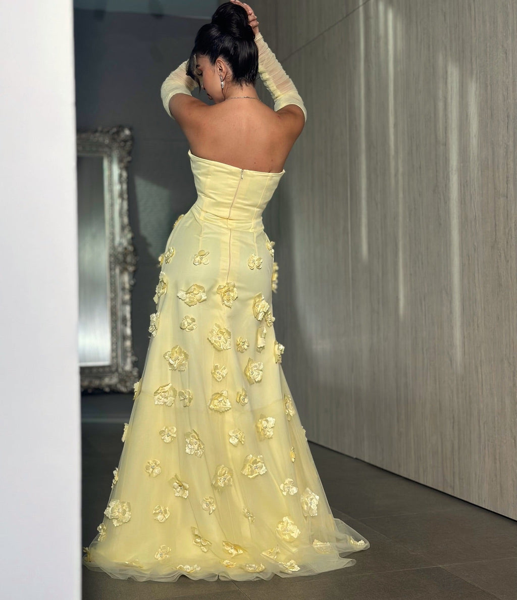 Luxury 3D Floral Yellow Long Sleeves Evening Dress SF126