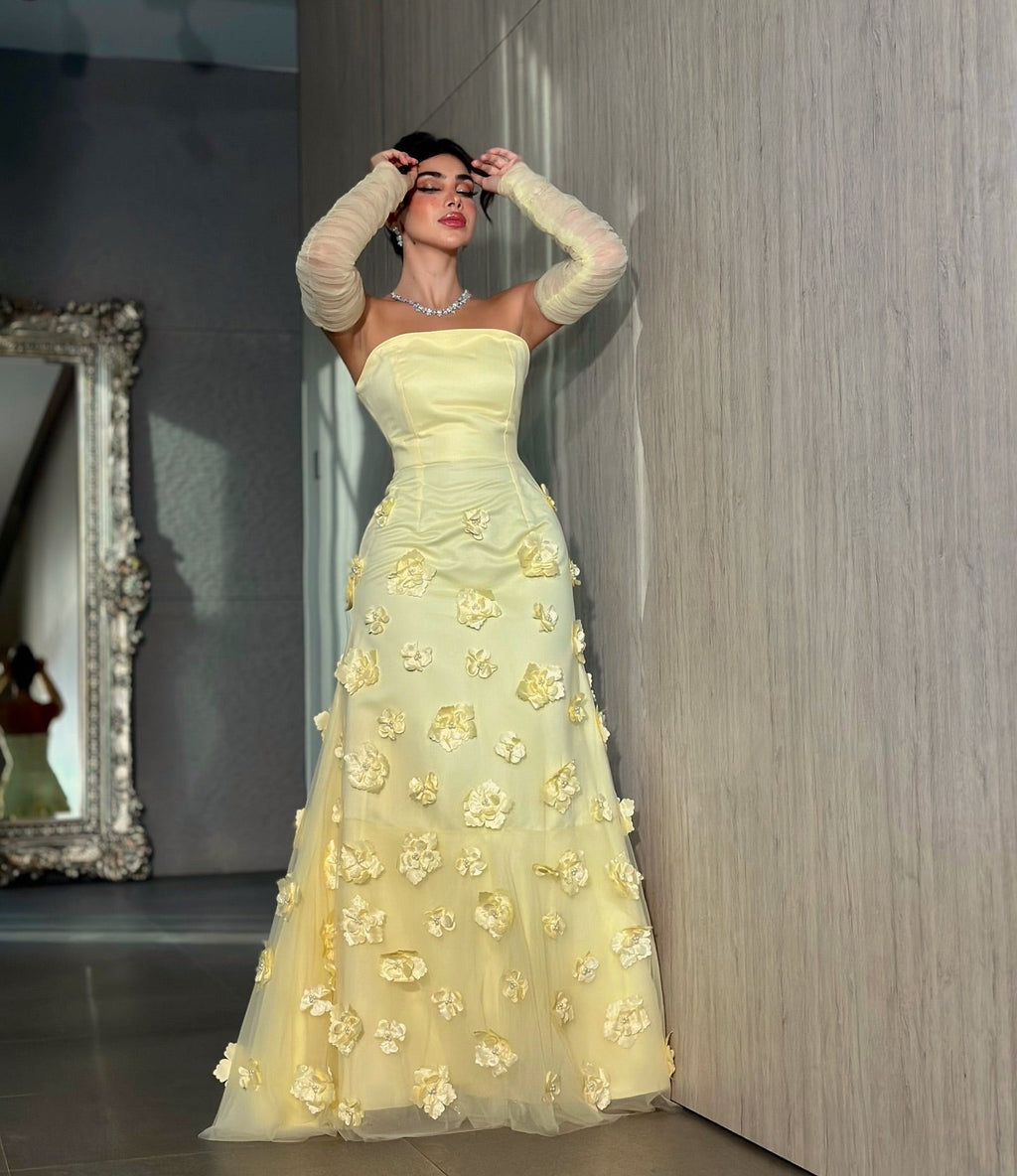 Luxury 3D Floral Yellow Long Sleeves Evening Dress SF126