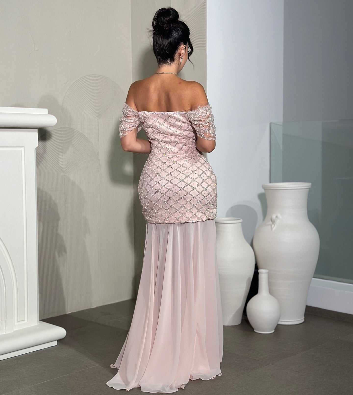 Elegant Pearls Pink Off-Shoulder Evening Dress SF305