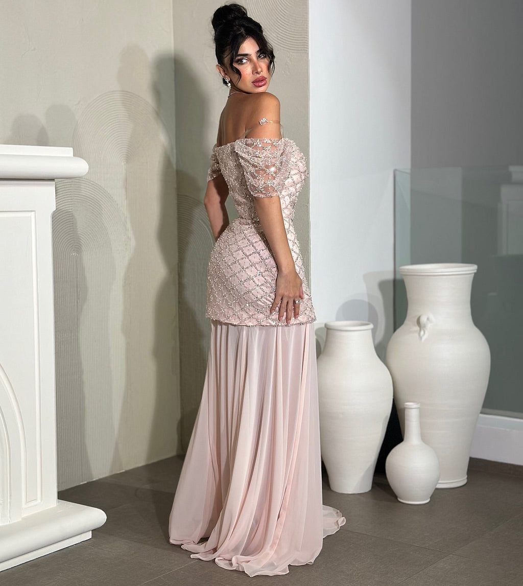 Elegant Pearls Pink Off-Shoulder Evening Dress SF305