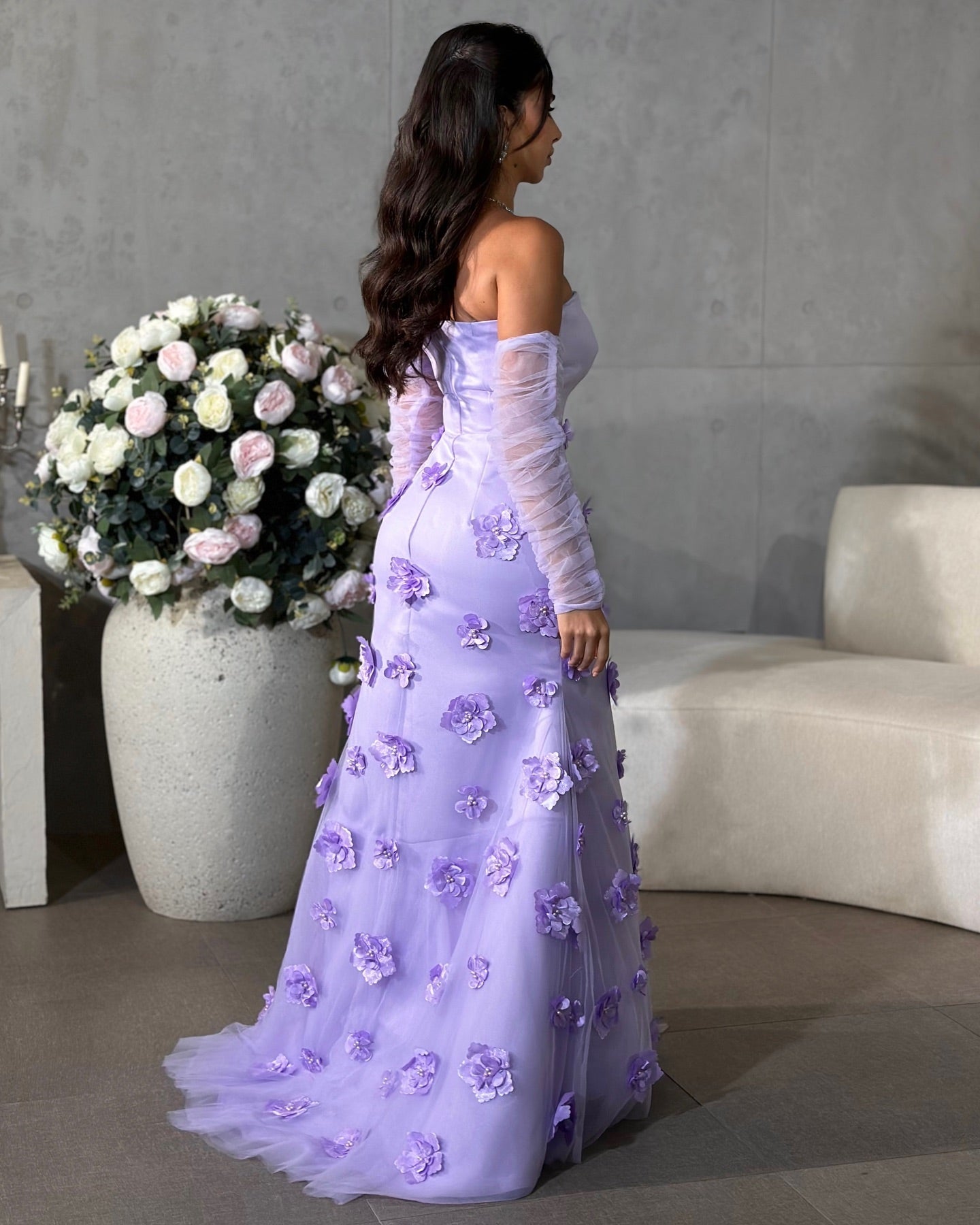 Luxury 3D Floral Yellow Long Sleeves Evening Dress SF126