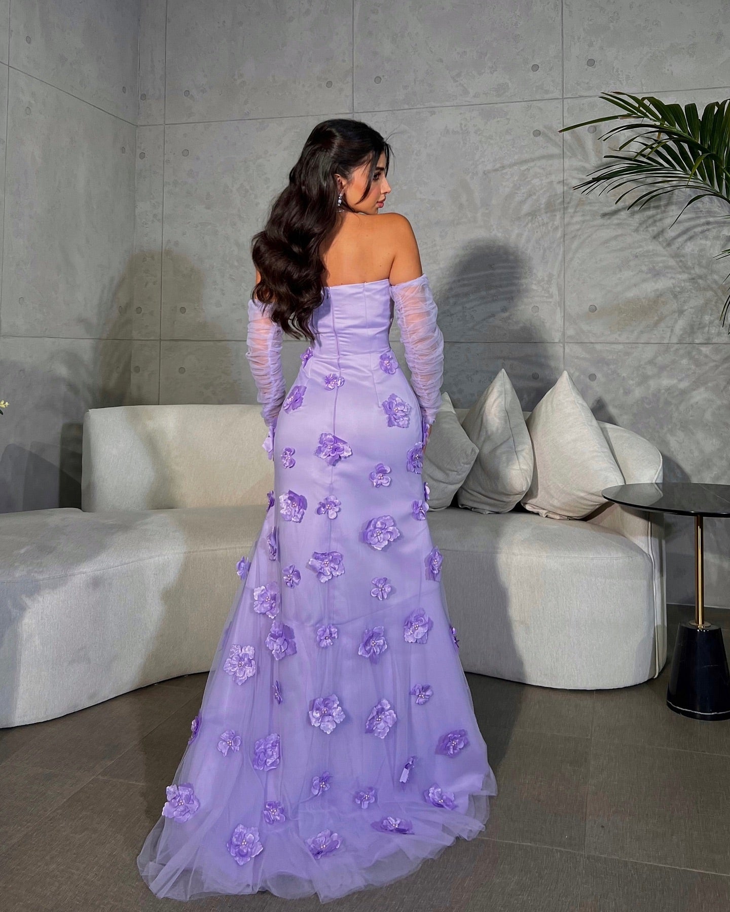 Luxury 3D Floral Yellow Long Sleeves Evening Dress SF126