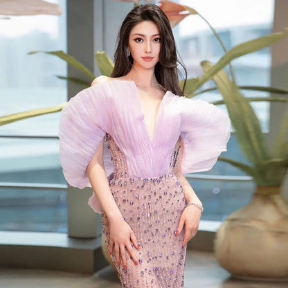 Luxury Off Shoulder Lilac Evening Dress SS327