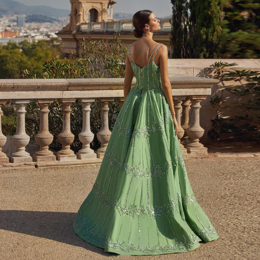 Luxury Beaded Spaghetti Straps Green Evening Dresses with Sequin SS225