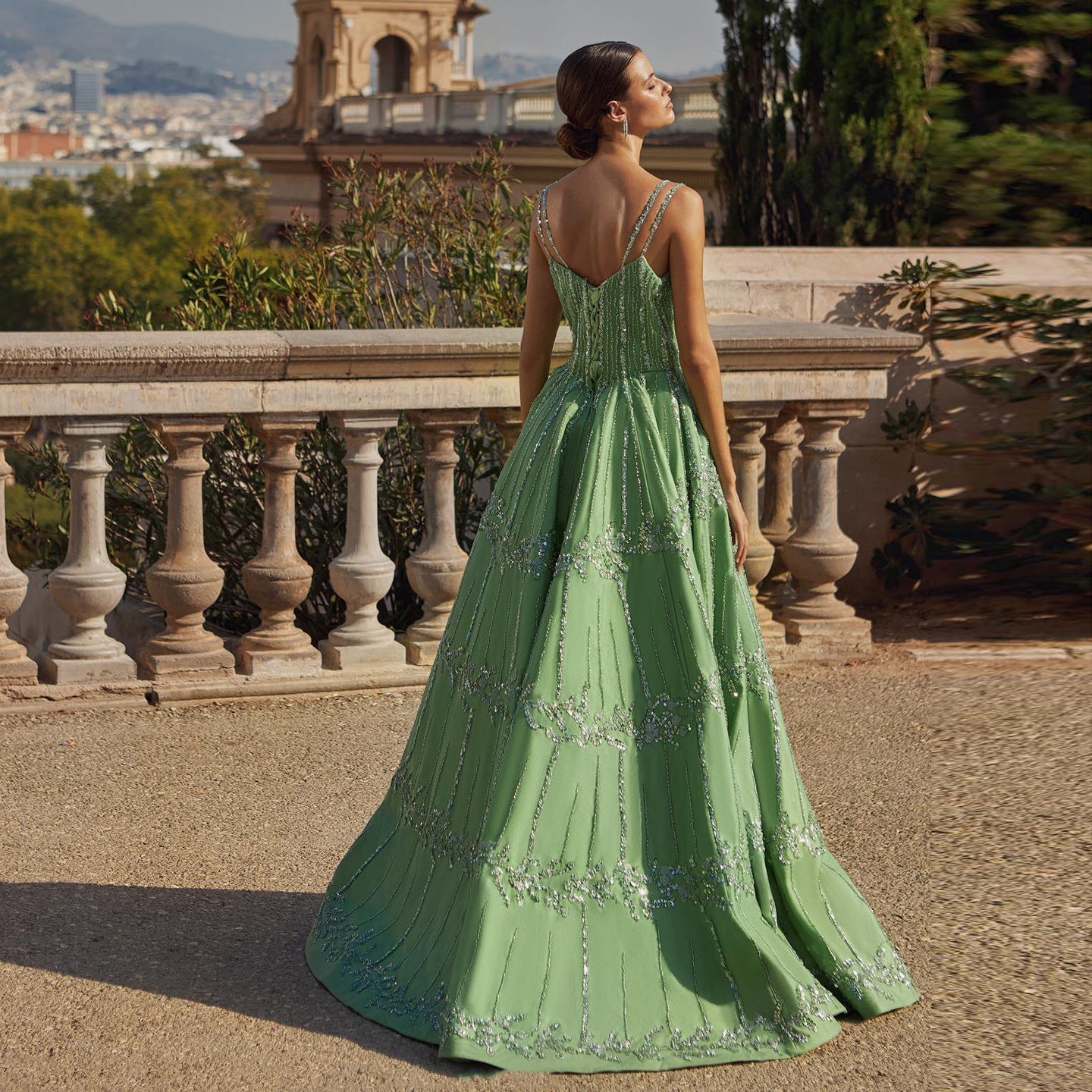 Luxury Beaded Spaghetti Straps Green Evening Dresses with Sequin SS225