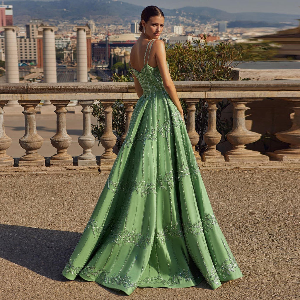 Luxury Beaded Spaghetti Straps Green Evening Dresses with Sequin SS225