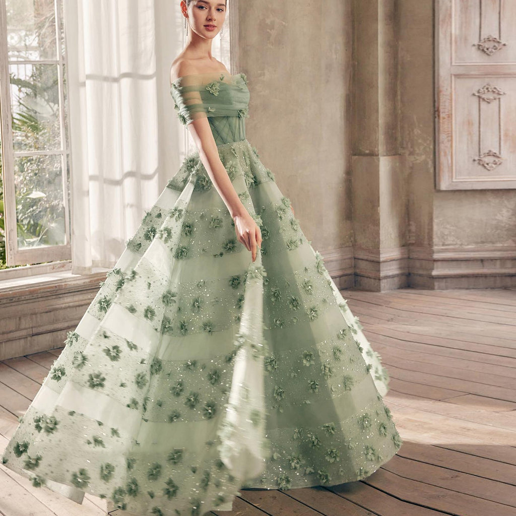 Luxury Sage Green 3D Flowers Sweetheart Evening Dress with Cape SS346