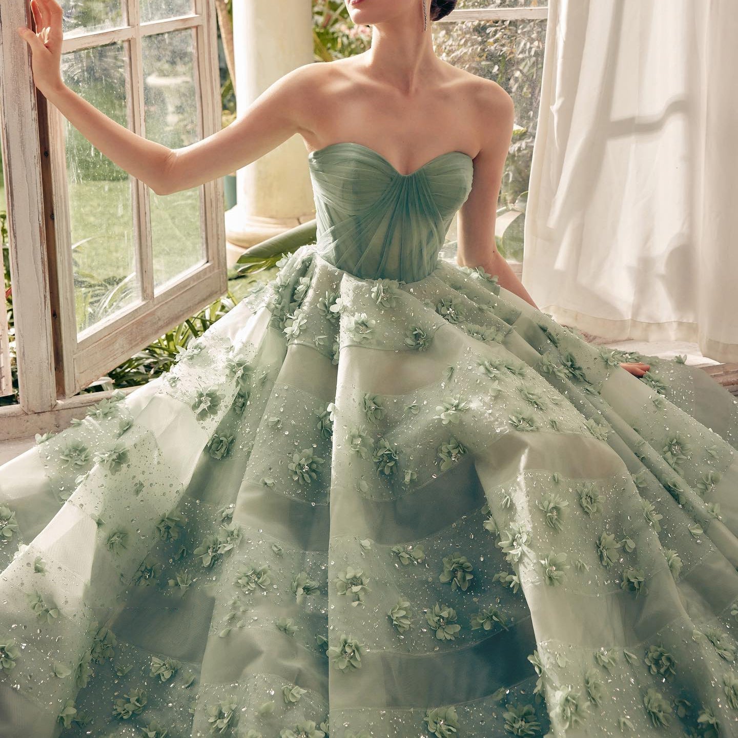 Luxury Sage Green 3D Flowers Sweetheart Evening Dress with Cape SS346
