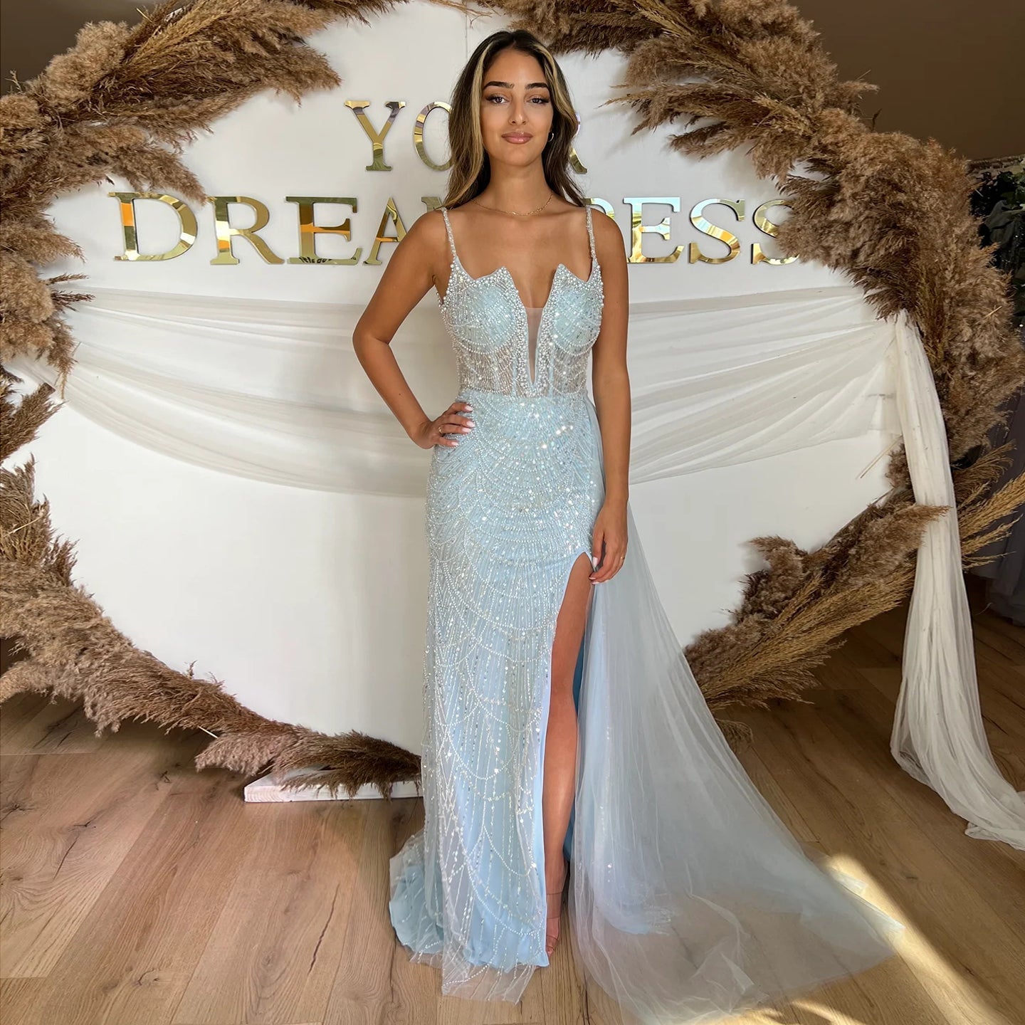 Luxury Pearls Nude Spaghetti Straps Mermaid Evening Dress with Slit SS611